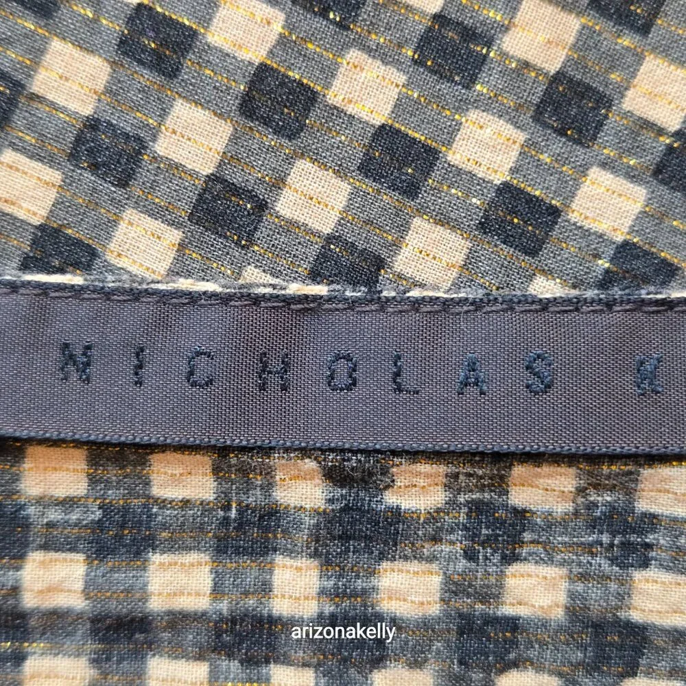 Nicholas K HUGE Distressed Cotton Scarf Black & Tan With Gold Thread